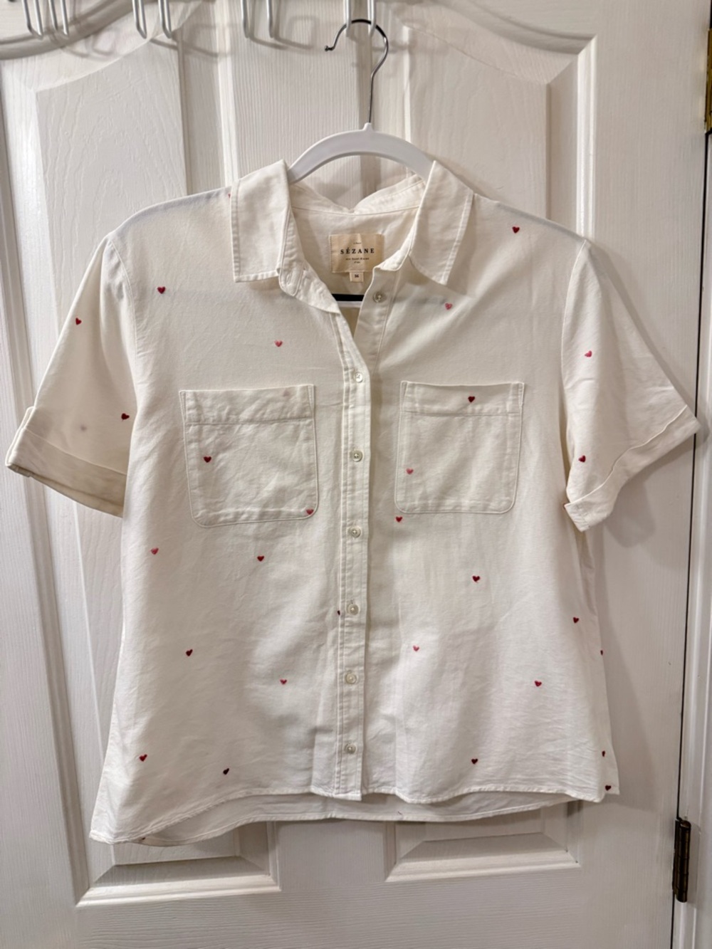 Sezane White Short-Sleeve Button Back Shirt with Tiny Red Heart Embroidery